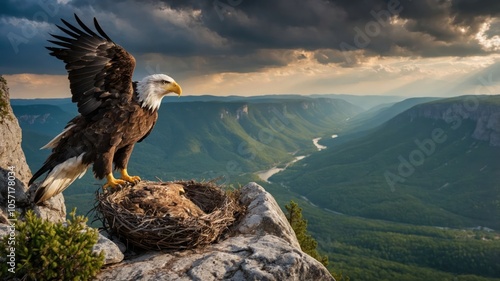 A majestic eagle stands proudly near its nest overlooking a vast mountainous landscape. photo