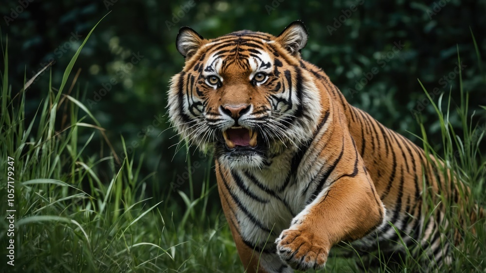 A majestic tiger prowling through lush grass, showcasing its powerful presence in nature. A majestic tiger prowling through lush grass, showcasing its powerful presence in nature.