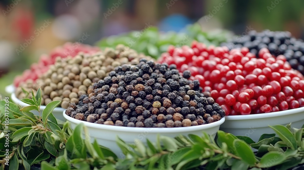 Aromatic Spices in White Bowls Black Peppercorns Green Peppercorns and Red Berries Aromatic Spices in White Bowls Black Peppercorns Green Peppercorns and Red Berries