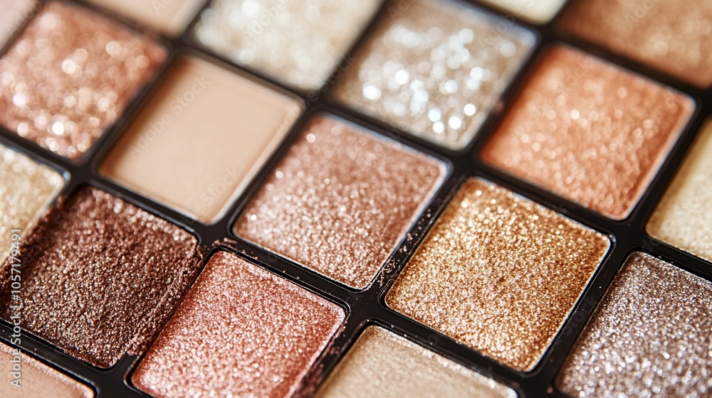 Close up of an eyeshadow palette with various shades of brown, pink, and beige. Close up of an eyeshadow palette with various shades of brown, pink, and beige.