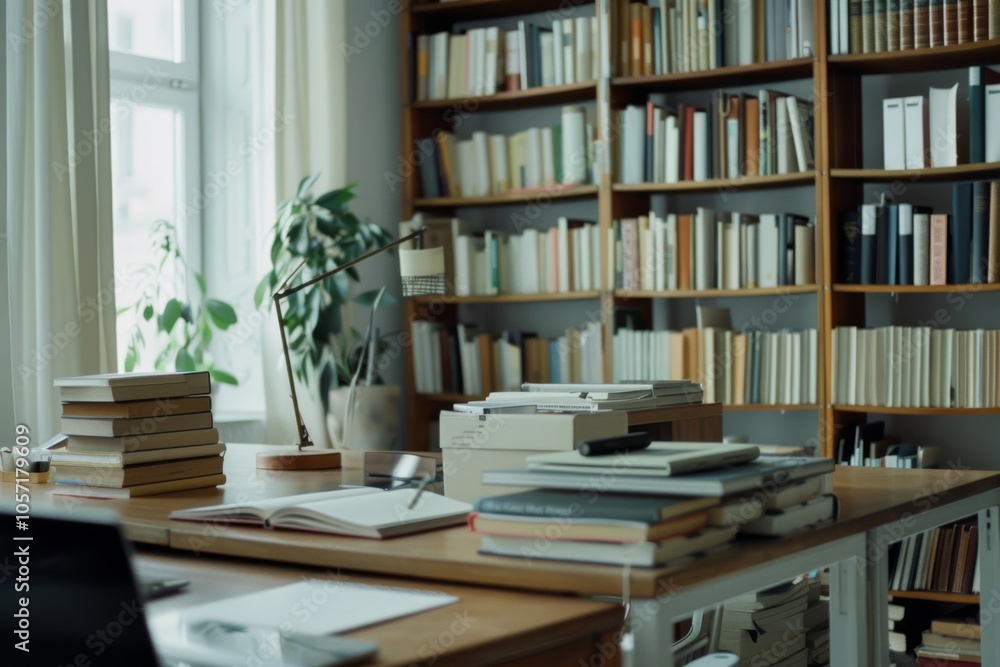 A sunlit study framed by bookshelves invites intellectual exploration, with desks cluttered with volumes, exuding warmth and creativity in a quiet space. A sunlit study framed by bookshelves invites intellectual exploration, with desks cluttered with volumes, exuding warmth and creativity in a quiet space.