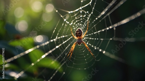 A close-up of a spider in its web, glistening with dew in a natural setting.