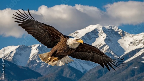 A majestic eagle soaring over snow-capped mountains under a blue sky. photo