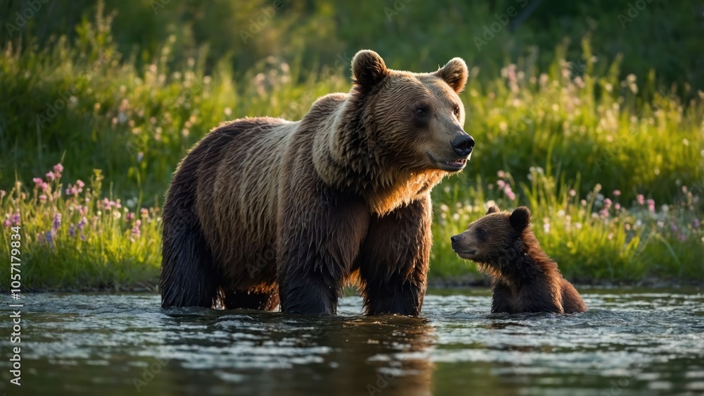 A mother bear and her cub wade in a serene river surrounded by lush greenery and flowers. A mother bear and her cub wade in a serene river surrounded by lush greenery and flowers.