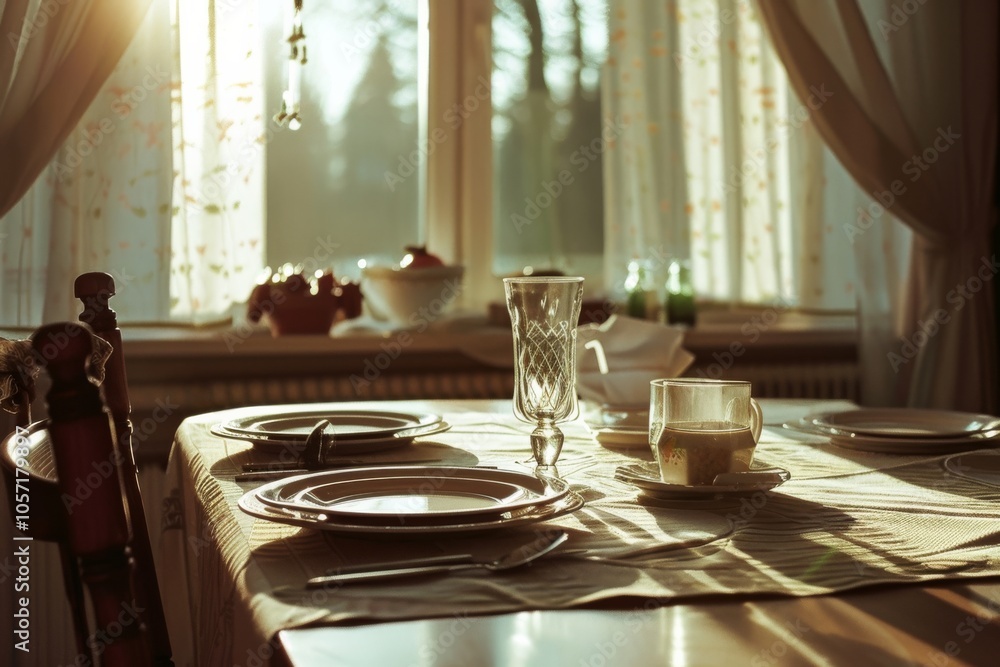 A sunlit dining table with elegant glassware, set for a cozy meal by the window, exuding warmth and hospitality. A sunlit dining table with elegant glassware, set for a cozy meal by the window, exuding warmth and hospitality.