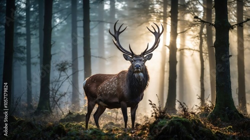 A majestic deer stands in a misty forest, illuminated by soft sunlight.