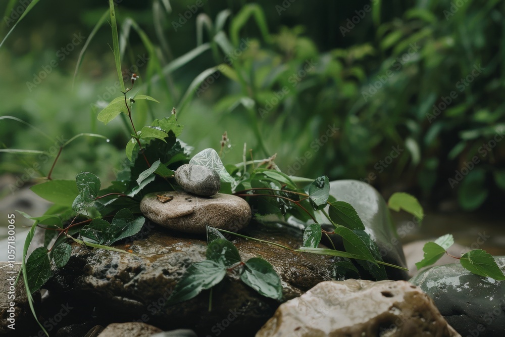 A close-up of smooth stones adorned with fresh green leaves at a peaceful riverside, creating a harmonious blend of textures and tranquility. A close-up of smooth stones adorned with fresh green leaves at a peaceful riverside, creating a harmonious blend of textures and tranquility.