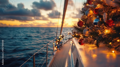 Christmas tree decorated with baubles and fairy lights on sailboat at sunset