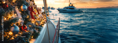 Yacht decorated with christmas tree sailing at sunset