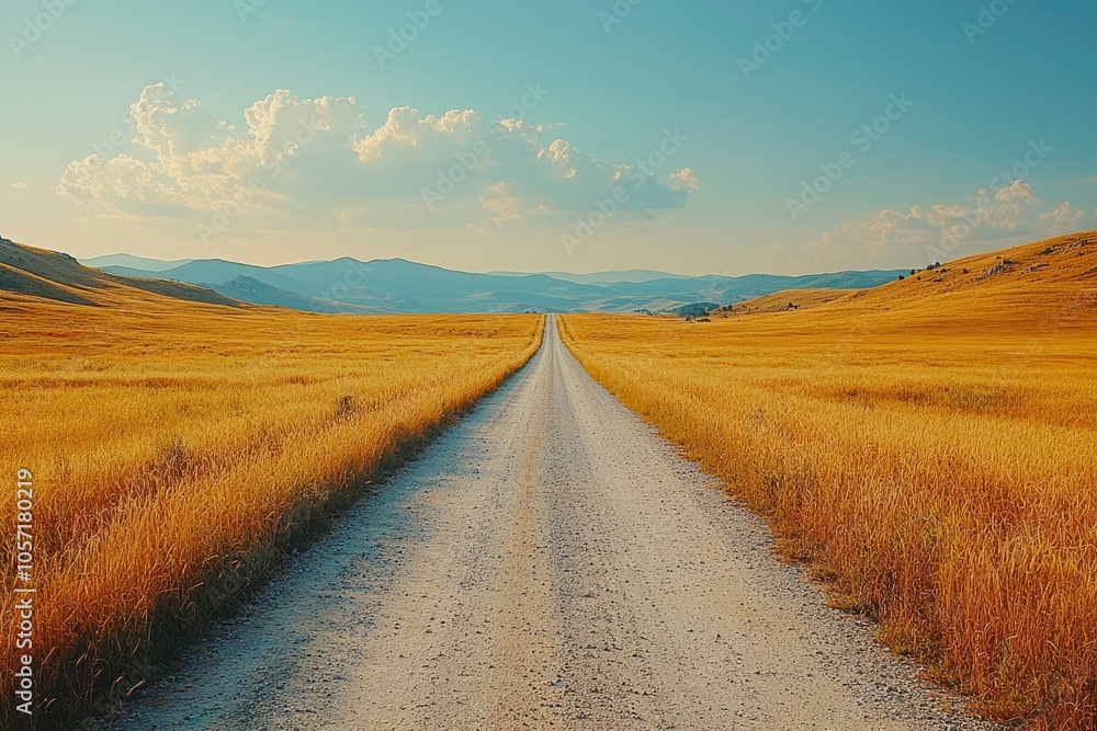 Fototapeta premium A Gravel Road Winding Through a Golden Field Under a Clear Sky