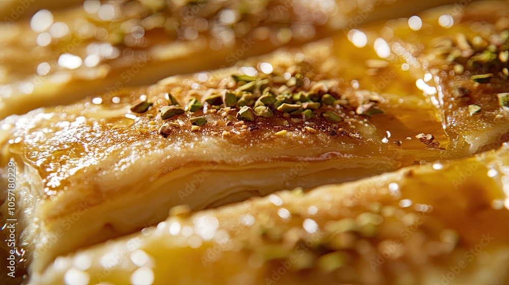 A close-up of kunefe with a perfect balance of crispy, cheesy, and pistachio-topped layers, with syrup running down the sides. A close-up of kunefe with a perfect balance of crispy, cheesy, and pistachio-topped layers, with syrup running down the sides.