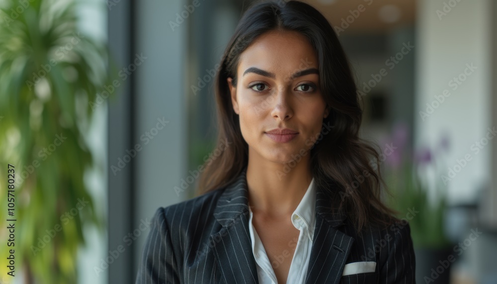 headshot diversity woman in pinstripe suit, modern office setting headshot diversity woman in pinstripe suit, modern office setting