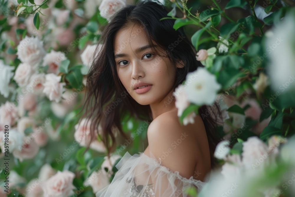 A woman stands amidst blossoming roses, her serene expression mirroring the tranquil beauty of the lush garden setting. A woman stands amidst blossoming roses, her serene expression mirroring the tranquil beauty of the lush garden setting.