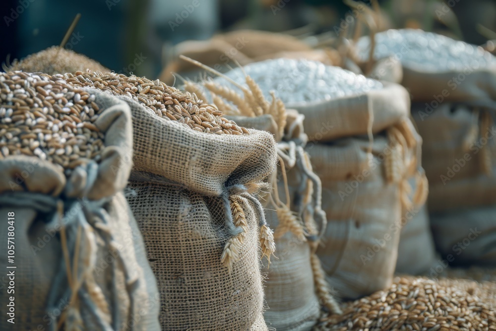 Burlap sacks filled with grains are meticulously stacked, capturing the texture and abundance of harvest season. Burlap sacks filled with grains are meticulously stacked, capturing the texture and abundance of harvest season.