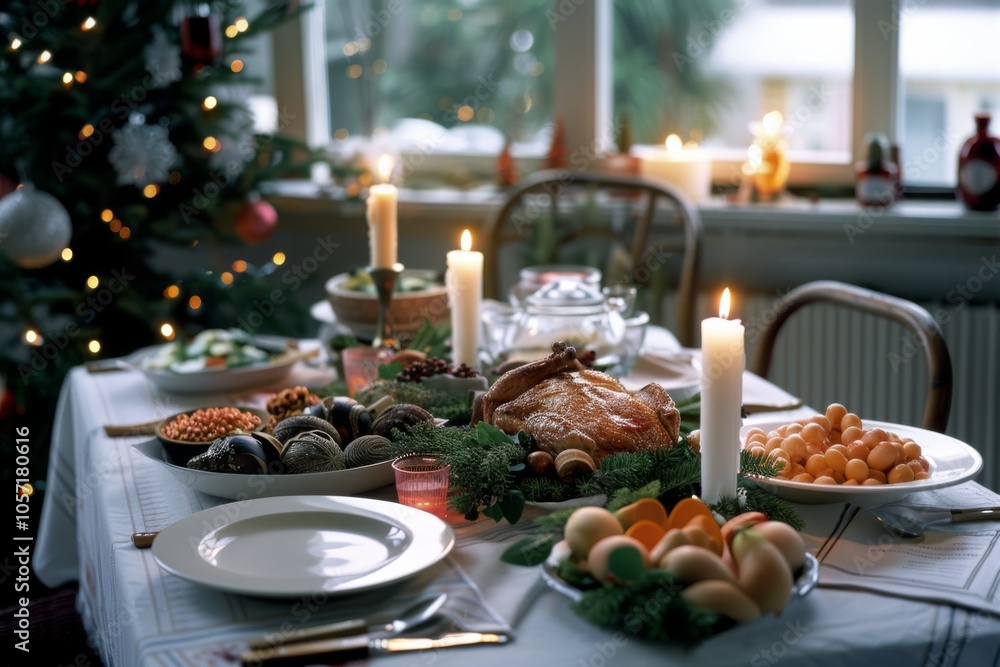 Festive dining table set with holiday dishes, candles glowing warmly by a decorated Christmas tree, creating a cozy and inviting atmosphere. Festive dining table set with holiday dishes, candles glowing warmly by a decorated Christmas tree, creating a cozy and inviting atmosphere.