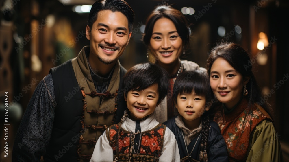 A joyful family portrait in traditional attire, showcasing cultural heritage and togetherness. A joyful family portrait in traditional attire, showcasing cultural heritage and togetherness.
