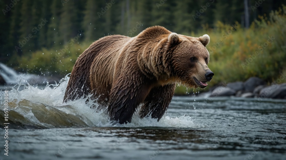 A grizzly bear wades through a river, splashing water in a serene natural setting. A grizzly bear wades through a river, splashing water in a serene natural setting.