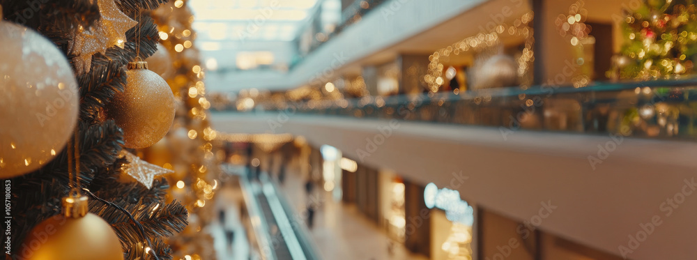 Christmas decorations hanging in a shopping mall during holidays season Christmas decorations hanging in a shopping mall during holidays season