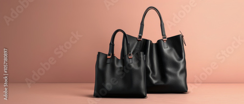 Two black handbags are displayed on clean pink background, soft light