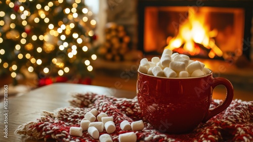 Red mug full of marshmallows warming up by the fireplace during christmas holidays