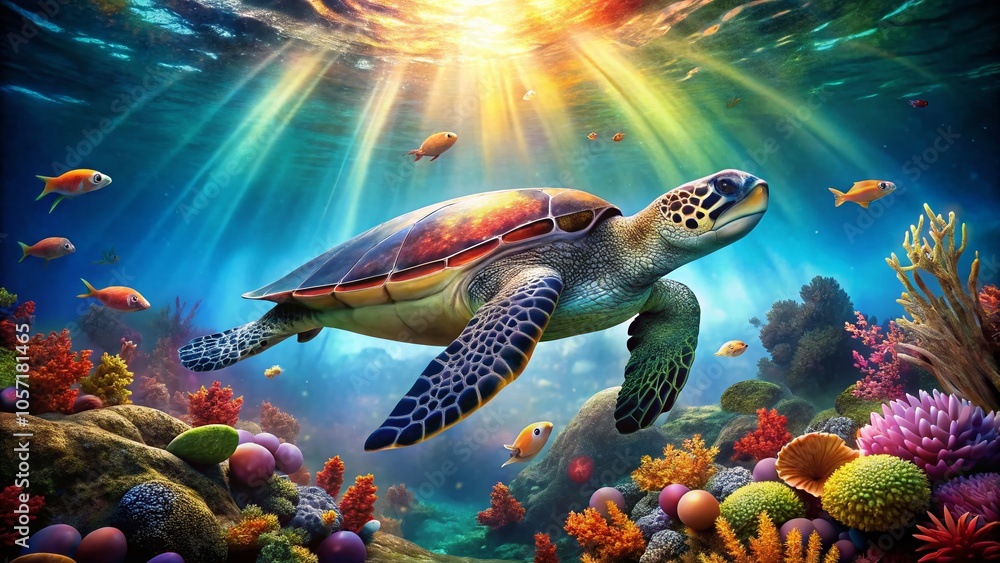 Obraz premium Stunning Macro Photography of a Sea Turtle Swimming Underwater in Vibrant Coral Reef Environment