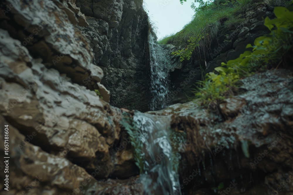 Water cascades down rocky terrain, surrounded by greenery, captured in dynamic movement and natural beauty of an untouched landscape. Water cascades down rocky terrain, surrounded by greenery, captured in dynamic movement and natural beauty of an untouched landscape.