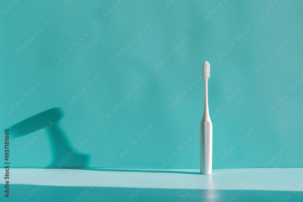 A solitary electric toothbrush stands against a vibrant teal backdrop, casting a distinct shadow, embodying minimalist design and daily routine essentials. A solitary electric toothbrush stands against a vibrant teal backdrop, casting a distinct shadow, embodying minimalist design and daily routine essentials.