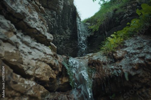 Water cascades down rocky terrain, surrounded by greenery, captured in dynamic movement and natural beauty of an untouched landscape.