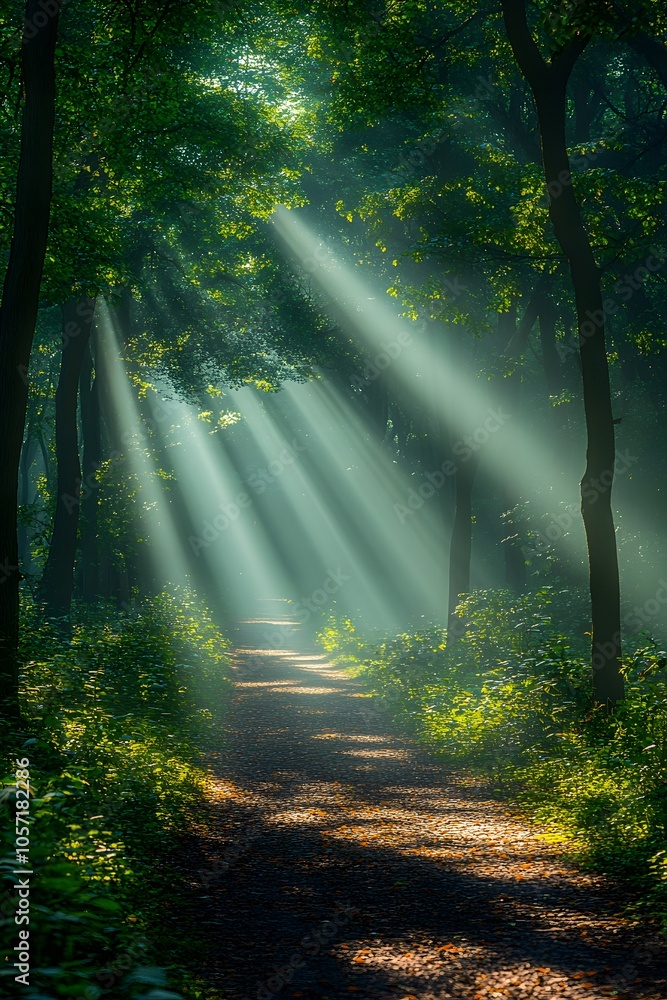 Obraz premium A serene forest path illuminated by sunlight filtering through trees.