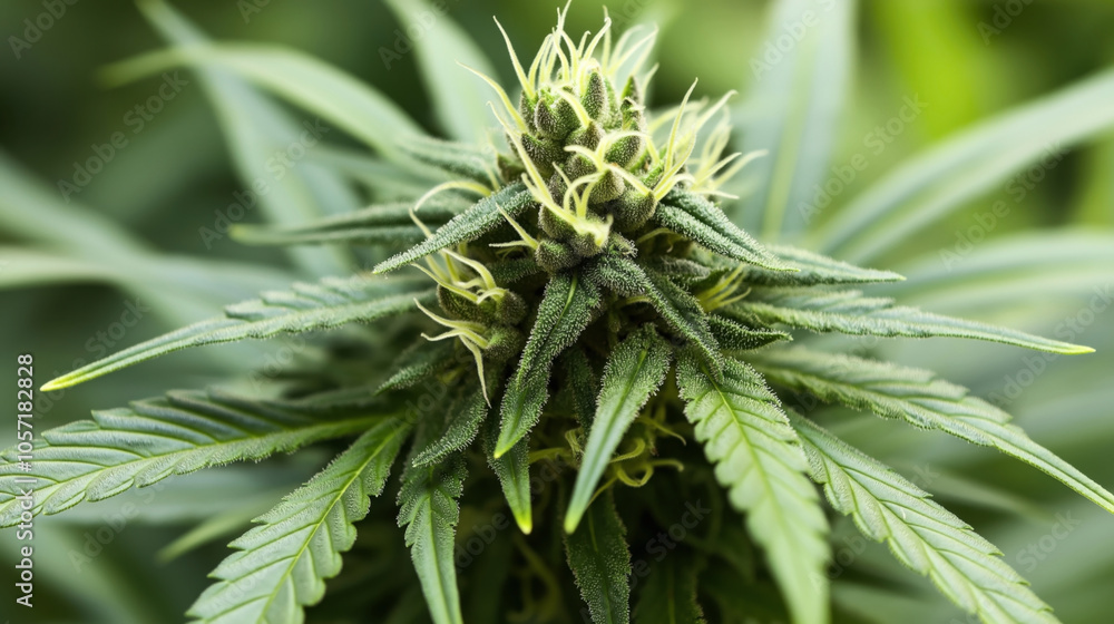 Close-up of a cannabis plant with detailed view of leaves and buds against a blurred green background Close-up of a cannabis plant with detailed view of leaves and buds against a blurred green background