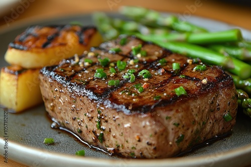 A juicy grilled steak with grilled asparagus and potato wedges.