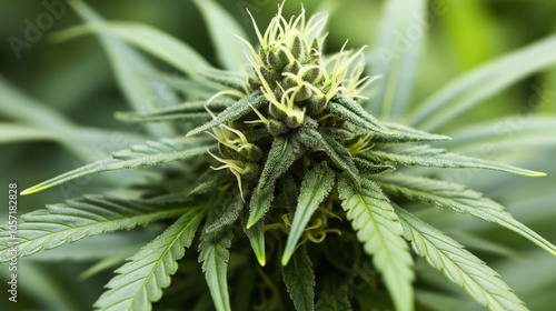 Close-up of a cannabis plant with detailed view of leaves and buds against a blurred green background