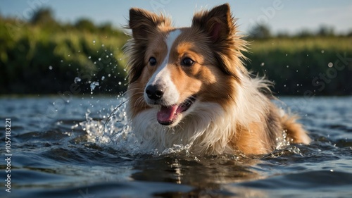 A happy dog splashes in water, enjoying a sunny day outdoors.