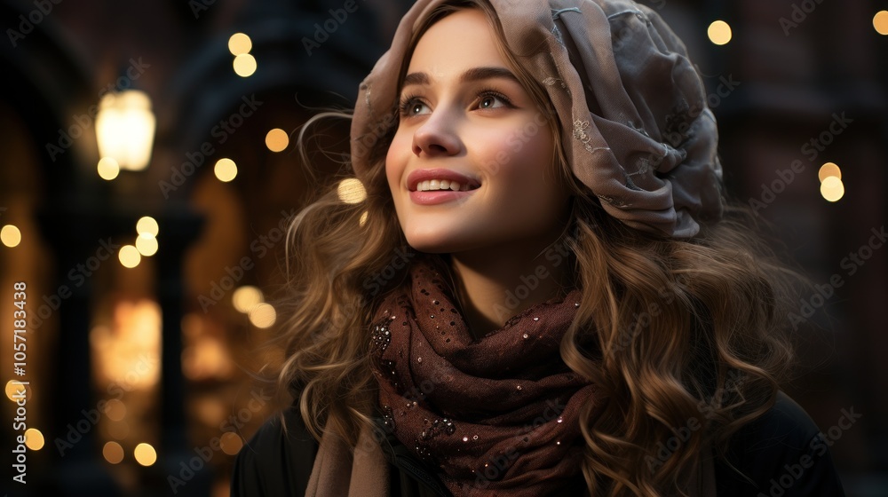 A young woman smiles warmly, adorned in winter attire, surrounded by festive lights. A young woman smiles warmly, adorned in winter attire, surrounded by festive lights.