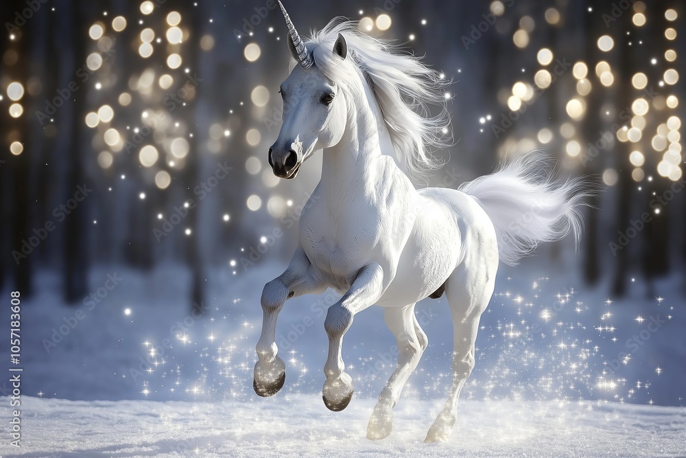 Magic unicorn in winter forest. Fairytale concept. Magical animal. Magic unicorn in winter forest. Fairytale concept. Magical animal.