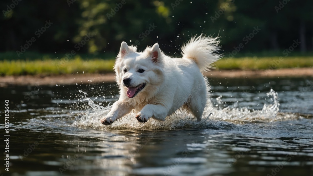 A joyful white dog splashes through water, capturing a playful moment in nature. A joyful white dog splashes through water, capturing a playful moment in nature.