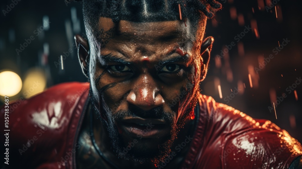 Intense close-up of a determined athlete in a dramatic, rain-soaked environment. Intense close-up of a determined athlete in a dramatic, rain-soaked environment.