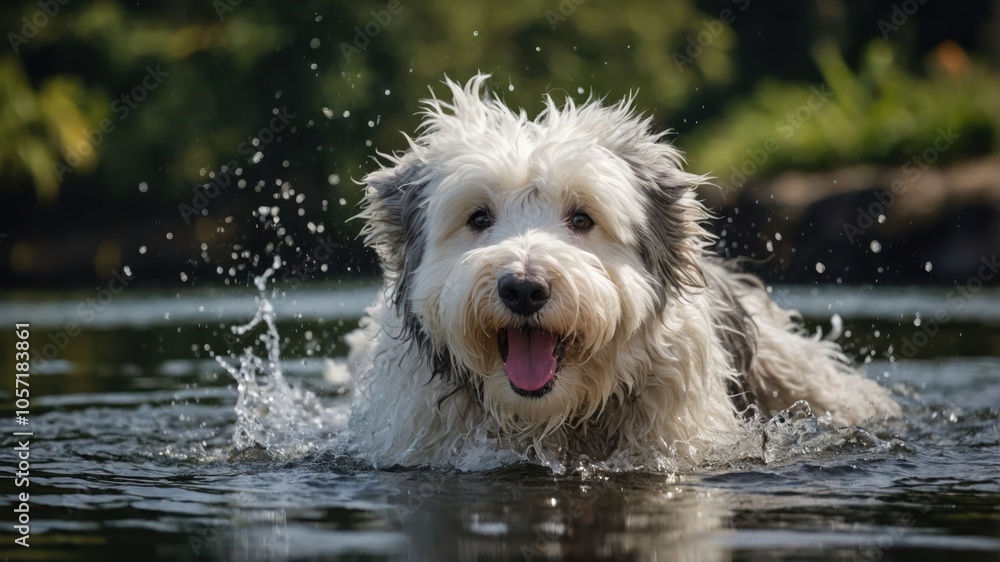 A playful dog swimming in a lake, enjoying a sunny day outdoors. A playful dog swimming in a lake, enjoying a sunny day outdoors.