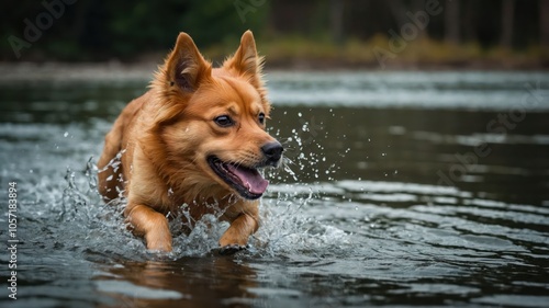 A playful dog splashes in a serene body of water, enjoying a joyful moment outdoors.