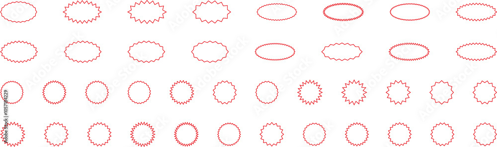 Starburst red sticker set - collection of special offer sale oval and round shaped sunburst labels and badges. Promo stickers with star edges. Vector. Starburst red sticker set - collection of special offer sale oval and round shaped sunburst labels and badges. Promo stickers with star edges. Vector.