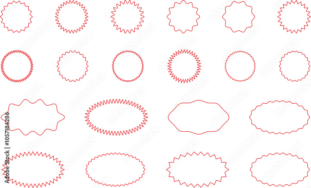 Starburst red sticker set - collection of special offer sale oval and round shaped sunburst labels and badges. Promo stickers with star edges. Vector. Starburst red sticker set - collection of special offer sale oval and round shaped sunburst labels and badges. Promo stickers with star edges. Vector.