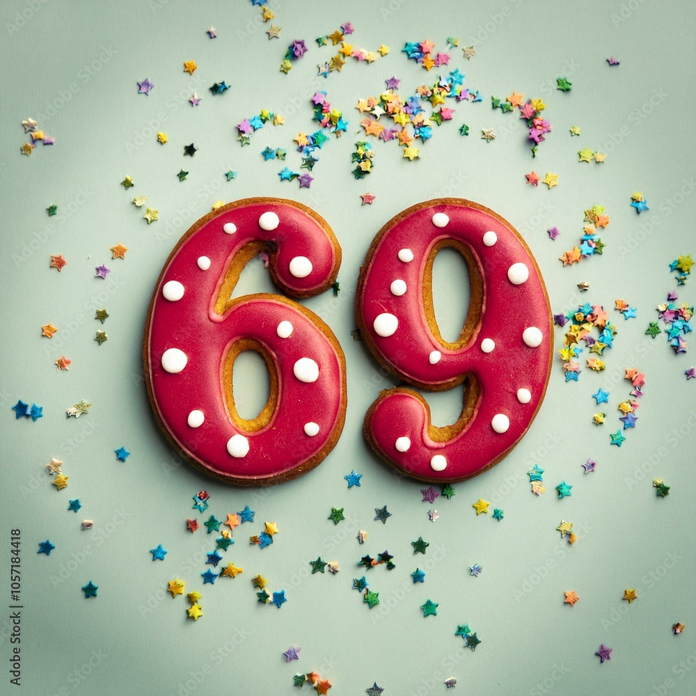 Decorated cookie, number 69, image for birthday or anniversary celebration Decorated cookie, number 69, image for birthday or anniversary celebration