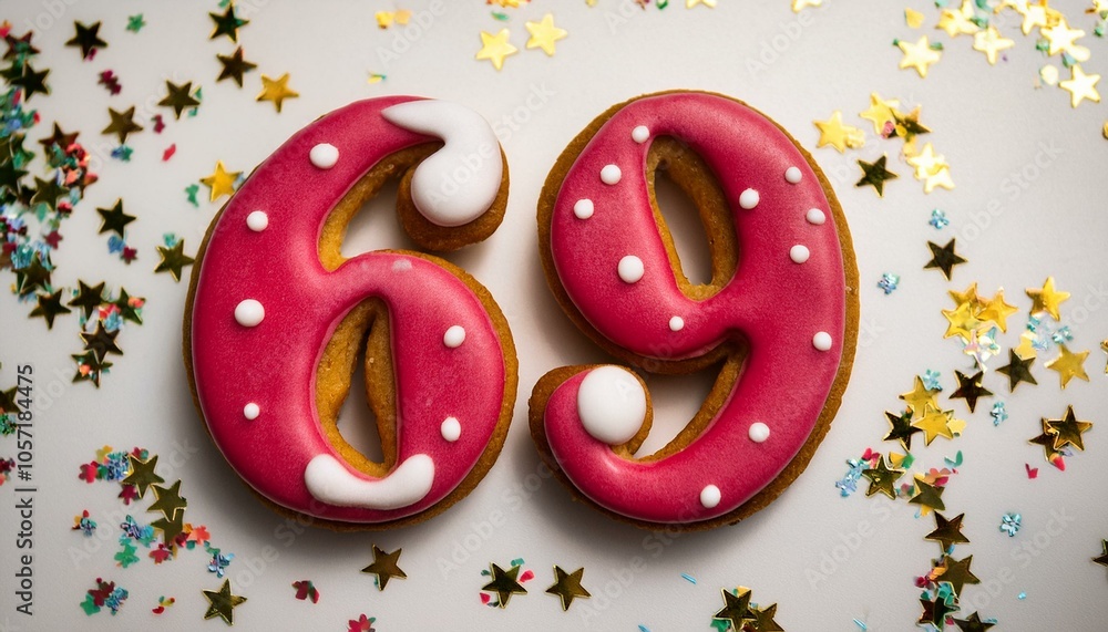 Decorated cookie, number 69, image for birthday or anniversary celebration Decorated cookie, number 69, image for birthday or anniversary celebration