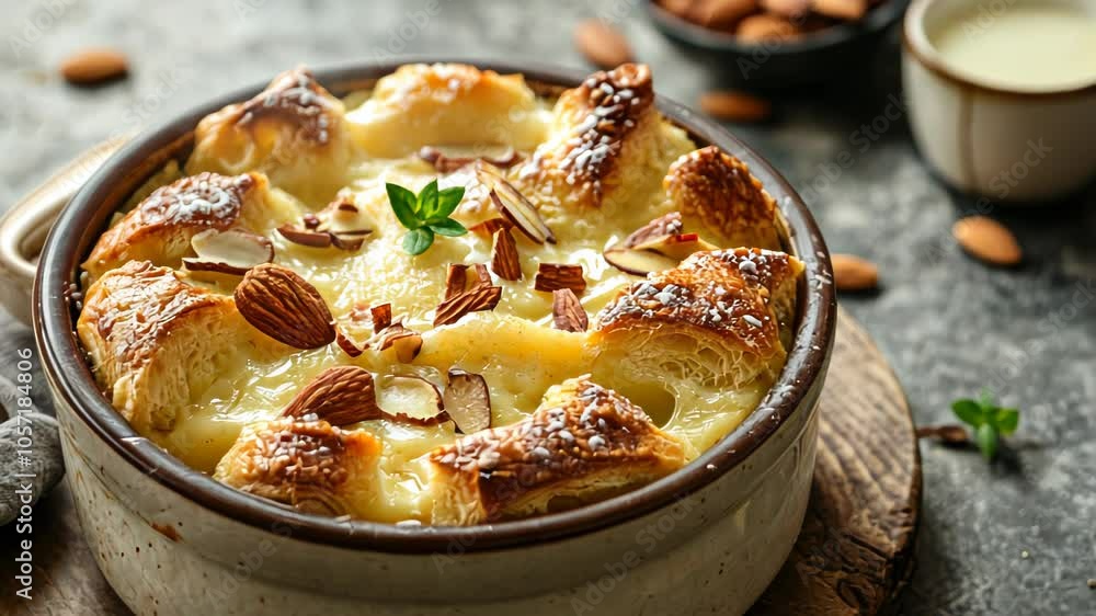 A delicious baked dish with bread, almonds, and creamy texture, served in a rustic bowl. A delicious baked dish with bread, almonds, and creamy texture, served in a rustic bowl.
