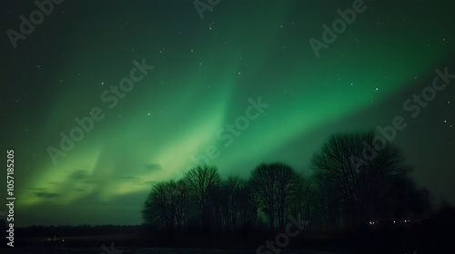 Mesmerizing Aurora Borealis (Northern Lights) Over Arctic Snowy Landscapes with Green and Blue Lights in Starry Sky_