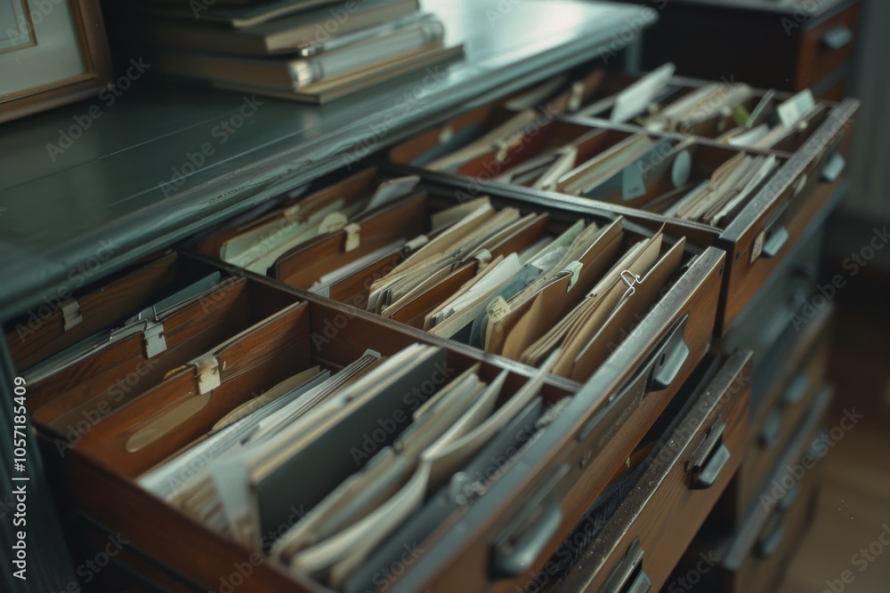 Open drawers filled with assorted files reveal a nostalgic look at organization, invoking memories of an analogue era's meticulous record keeping. Open drawers filled with assorted files reveal a nostalgic look at organization, invoking memories of an analogue era's meticulous record keeping.