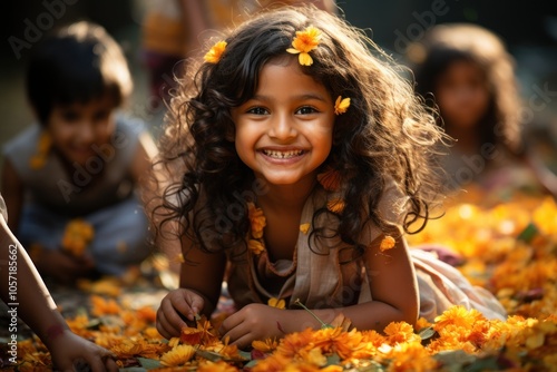 A joyful girl surrounded by flowers, playing with friends in a vibrant outdoor setting.