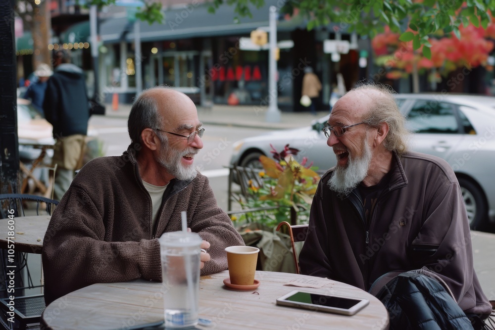 Two friends share laughter over coffee at a sunny outdoor café, capturing a moment of joy and camaraderie on a pleasant day. Two friends share laughter over coffee at a sunny outdoor café, capturing a moment of joy and camaraderie on a pleasant day.