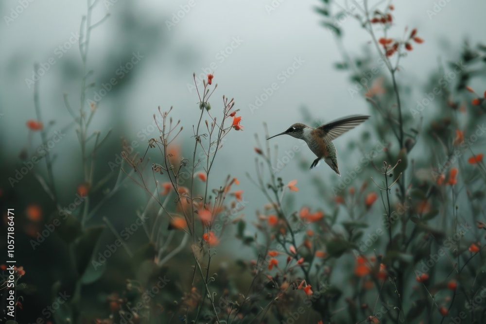 Fototapeta premium A hummingbird elegantly hovers among vibrant orange wildflowers, embodying grace and the delicate dance of nature.