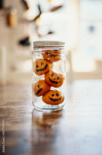A glass jar holds clementines decorated as Halloween jack-o’-lanterns, adding a festive seasonal touch...Europe, 31.10.2024.